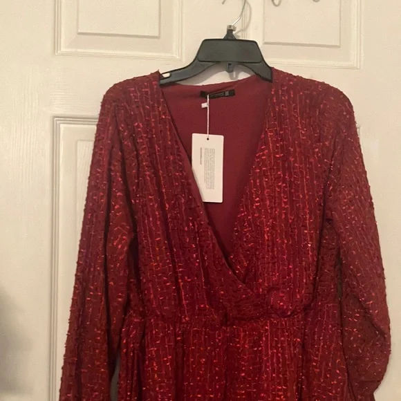 Elegant Embroidered Sequined Red Dress with Ruffle Hem - Picture 2 of 7